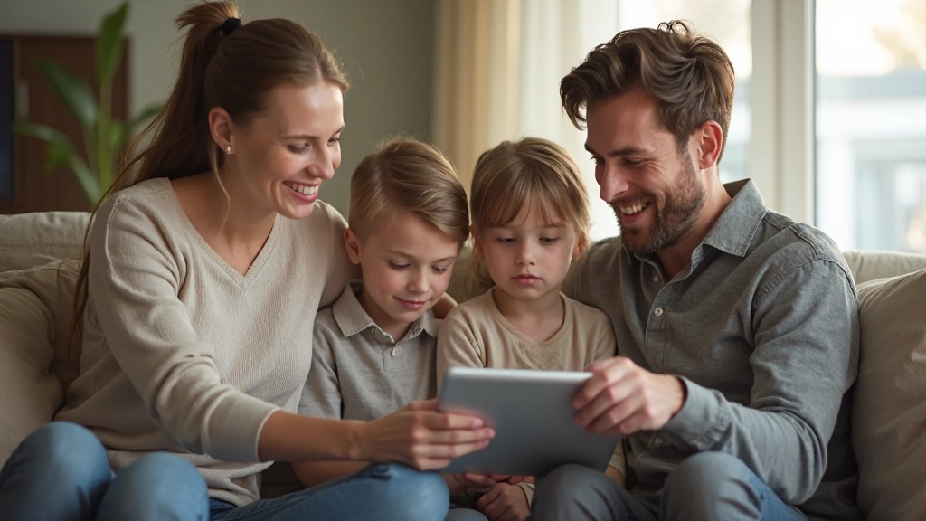 Семья изучает информацию о страховании на планшете дома