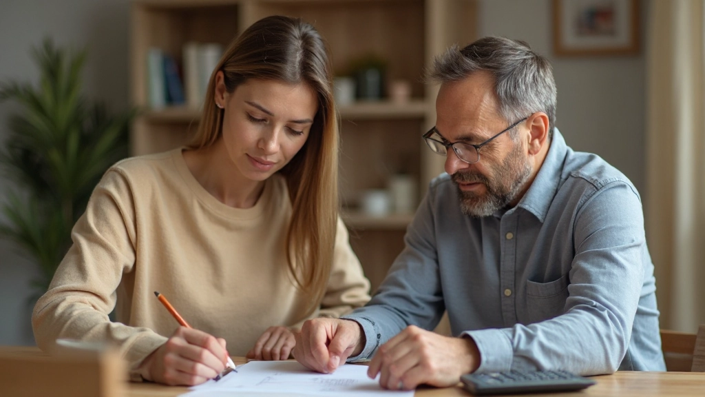 Семья обсуждает семейный бюджет за столом с финансовыми документами