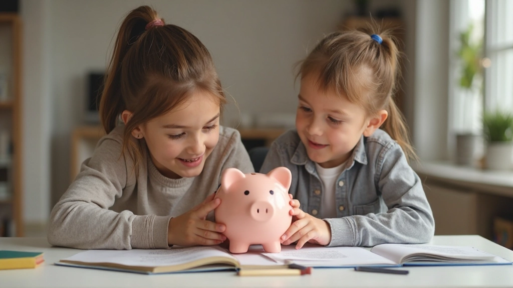 Родитель и ребенок смотрят на копилку с деньгами для образования