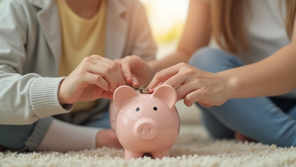 Родитель и ребенок вносят монеты в копилку для образования